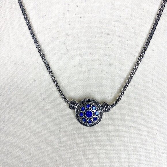 Silver Necklace Blue Crystal Round Decorative Pendant 18” Adjusts - Picture 3 of 4